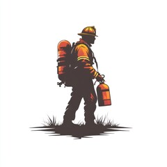 Firefighter silhouette carrying oxygen tank and extinguisher.