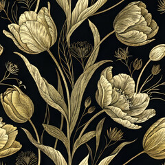 Golden Tulip Floral Seamless Pattern, Fabric texture and Textile pattern on Black Background