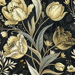 Golden Tulip Floral Seamless Pattern, Fabric texture and Textile pattern on Black Background