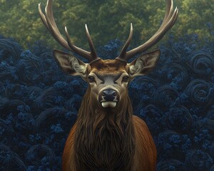 A majestic stag stands prominently against a backdrop of dark, swirling floral patterns, highlighting the beauty of wildlife and nature.