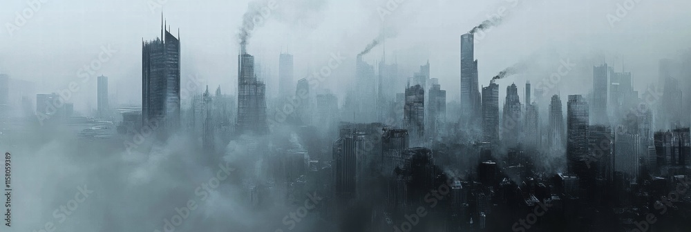 Aufkleber dense smog blankets urban skyline amidst towering buildings and rising smoke during hazy daylight. g