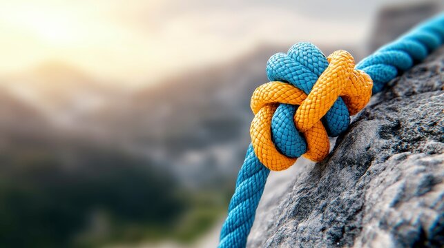 A close-up of a blue and yellow knot tied in a rope against a blurred mountainous background.
