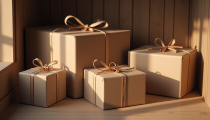 Wrapped gift boxes with ribbons neatly organized in a cozy setting