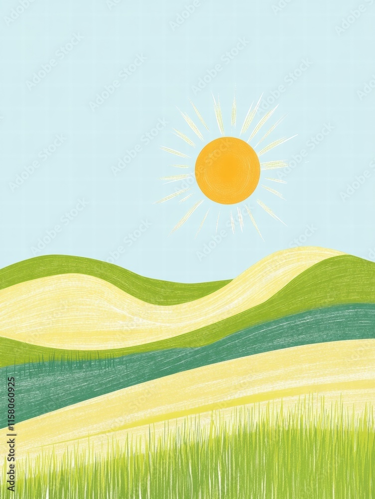 Leinwandbilder Bright sun over rolling hills with soft colors providing a tranquil setting for creative text placement. Generative AI