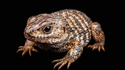 Fototapeta premium Close-up of a small brown lizard with dark markings on a black background.