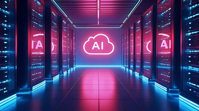 A futuristic data center with glowing AI cloud logo and illuminated server racks.