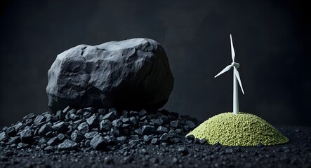 Coal vs wind turbine; background, fossil fuels vs renewable energy, wallpaper 