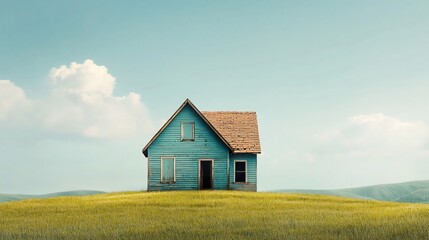 Obraz premium Rustic blue house on grassy hill under a clear sky.