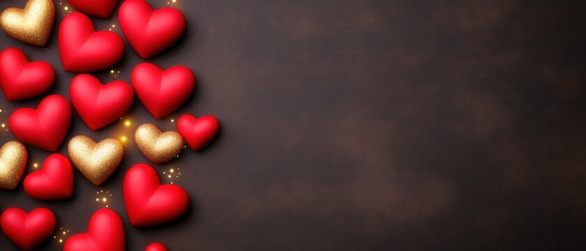 A collection of red and gold hearts arranged on a dark background, suggesting themes of love, affection, and celebration. Ideal for romantic or festive occasions.