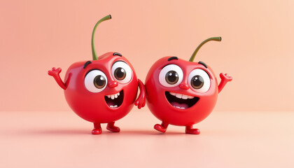 Fototapeta premium Joyful 3D cartoon cherry characters with big eyes and wide smiles