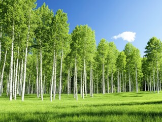 A serene landscape featuring tall, green trees in a lush grassy field under a clear blue sky, evoking a sense of tranquility and connection with nature.