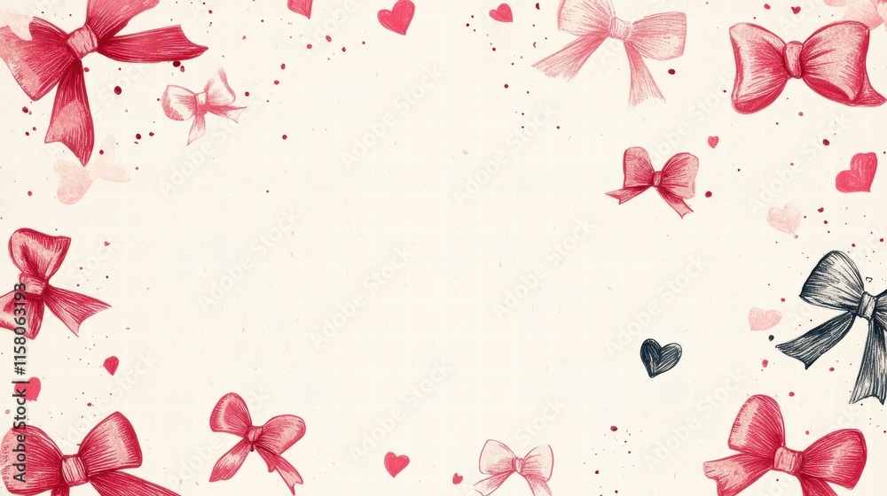 Poster whimsical valentines day design featuring hand drawn bows and hearts with ample copy space for perso