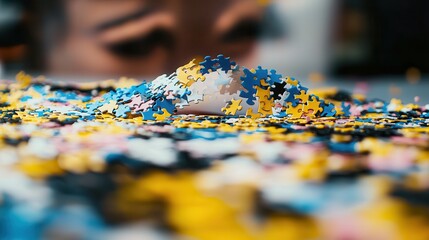 Obraz premium Colorful Puzzle Pieces Spread on a Table with a Blurred Background