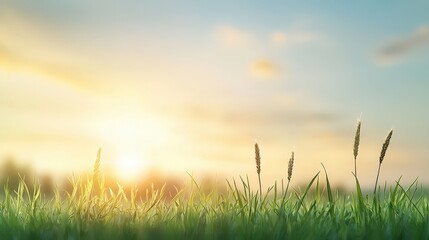Fototapeta premium Serene Sunrise Over Wheat Field with Gentle Breeze