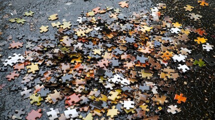 Colorful Puzzle Pieces Scattered on a Rainy Table Surface