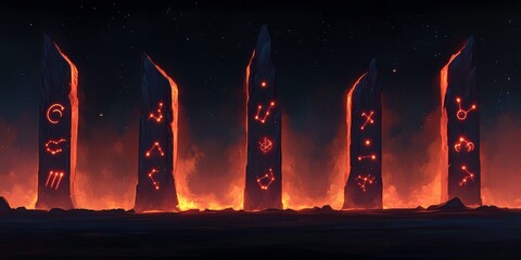 The image depicts five tall stone pillars engraved with glowing symbols, surrounded by a fiery landscape, suggesting a mystical or ancient setting.