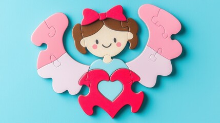 Obraz premium Cute puzzle girl with bow and heart wings on blue background