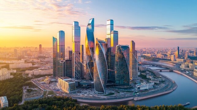 Innovative Skyscrapers in Golden Hour Cityscape