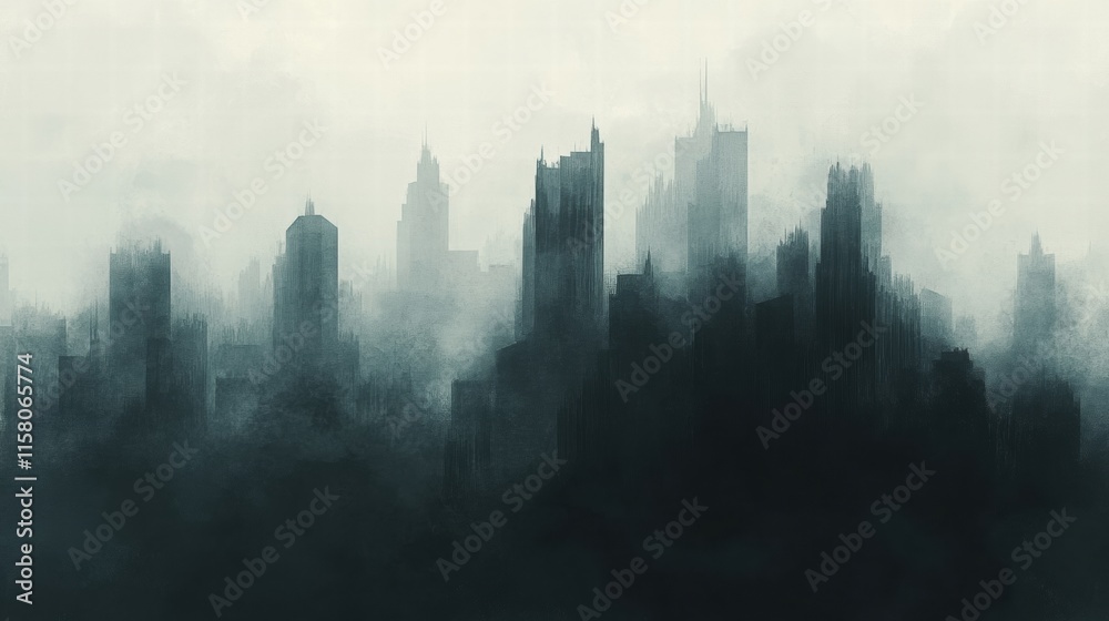 Aufkleber dense smog blankets a sprawling city skyline, obscuring buildings and creating an eerie ambiance dur