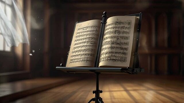 A sheet music book is on the stand. Seamless 4K looping timelapse video animation background