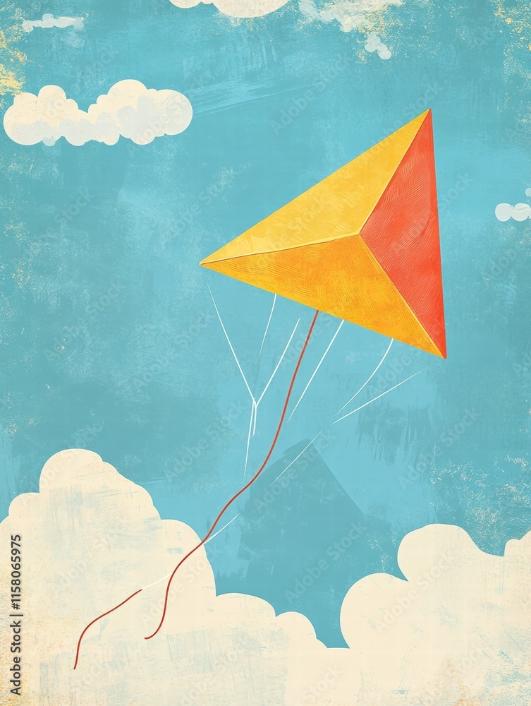 Poster colorful kite soaring in the blue sky with fluffy clouds and ample copy space for creative designs. 