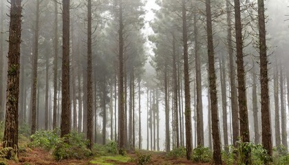 Fototapeta premium Towering Pine Trees in a Foggy Commercial Forestry Plantation