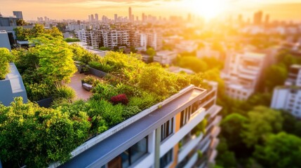 Fototapeta premium Lush Rooftop Gardens in Urban Setting at Sunset