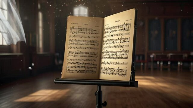 A sheet music book is on the stand. Seamless 4K looping timelapse video animation background