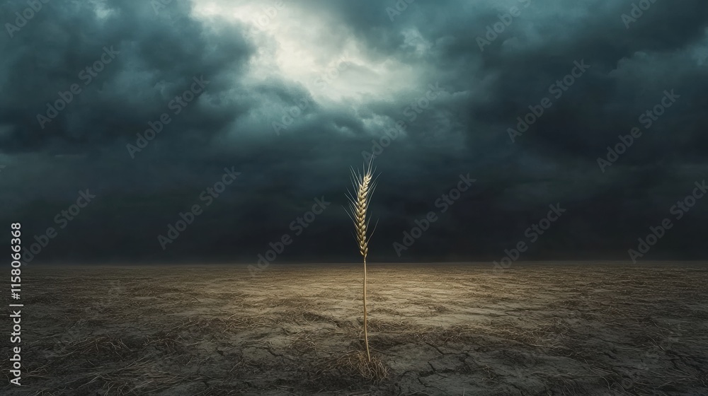 Poster barren field with a single stalk of withered wheat under dramatic stormy sky. generative ai