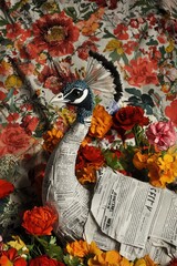 Naklejka premium Artistic Paper Peacock Surrounded by Colorful Floral Arrangement