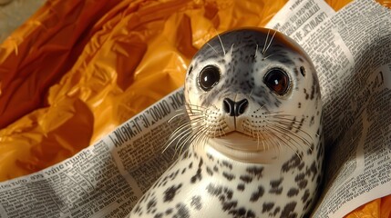 Obraz premium Curious Seal Pup with Big Eyes on Newspaper and Blanket Background