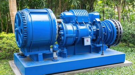 Vibrant Blue Industrial Machinery in a Lush Green Setting