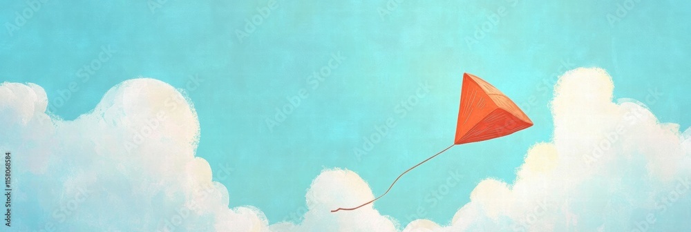 Poster kite soaring high above fluffy clouds on a sunny day with vibrant blue sky providing a perfect backd