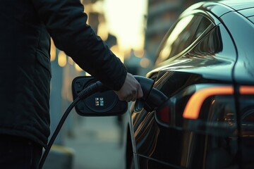 Charging Electric Car at Sunset