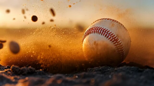 A weathered baseball skids through sandy dirt, kicking up dust in the warm glow of sunset. The scene evokes nostalgia and the spirit of play, capturing the essence of summer days on the field.