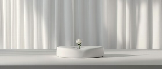 A minimalist white vase with a single flower stands on a table against a soft curtain backdrop, emphasizing simplicity and elegance.