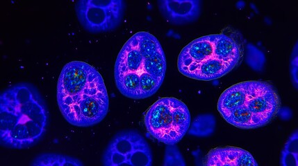 Stunning Microscopic Close-up of a Cell in Apoptosis, Nucleus Shrinking and Chromatin Condensing, Highlighted by Soft Focused Light Amidst Blurry Cell Background