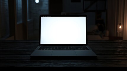 Late Night Work: Laptop on a Wooden Desk in a Dark Room