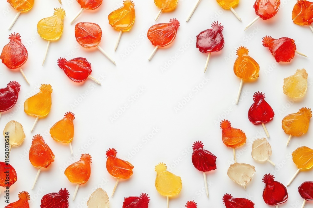Poster vibrant rooster shaped lollipops arranged with playful colors and plenty of space for text mock up. 