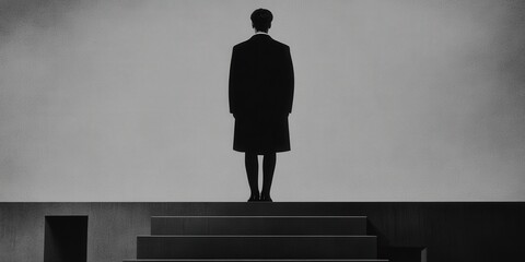 A solitary figure stands on steps against a stark, minimalistic background, evoking themes of contemplation and introspection. The monochrome palette enhances the dramatic atmosphere.