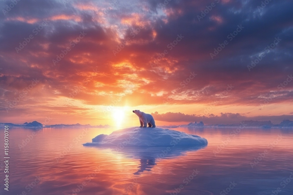 Aufkleber lonely polar bear on melting ice floe at sunset over the arctic ocean creating a serene and reflecti