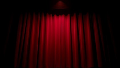 A rich maroon red stage curtain closed tightly, illuminated by a focused spotlight, creating a dramatic and anticipatory atmosphere