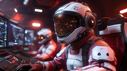 Fototapeta premium Astronauts in spaceship cockpit, monitoring controls.