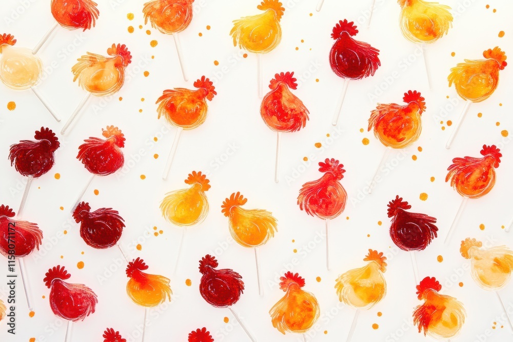Poster Vibrant rooster shaped lollipops create a fun and colorful background with ample copy space for creative designs and text. Generative AI