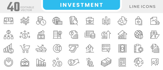 Investment line icon set. Machine learning, digital technology, analysis, risk investment, planning, low cost,  cash, saving, financial goal, profit line icon set. Ui thin line icon pack.