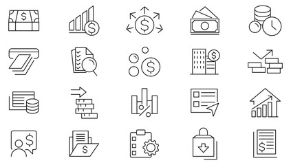 Investment line icon set. Machine learning, digital technology, analysis, risk investment, planning, low cost,  cash, saving, financial goal, profit line icon set. Ui thin line icon pack.