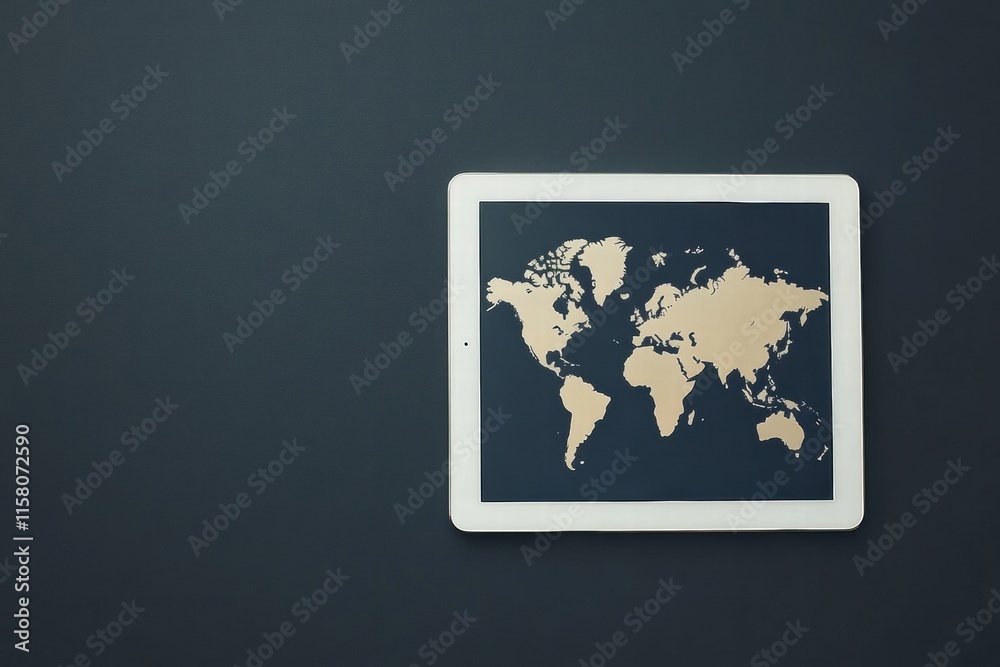Aufkleber modern flat lay of a tablet with a world map showcasing global connections and travel possibilities.