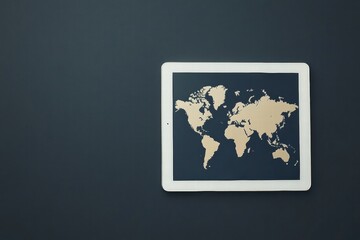 Modern flat lay of a tablet with a world map showcasing global connections and travel possibilities. Generative AI
