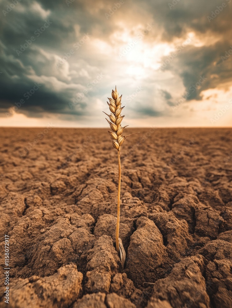 Poster Desolate field with a single withered wheat stalk against a cloudy sky during twilight. Generative AI