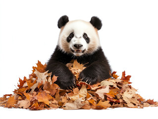 Naklejka premium A playful panda surrounded by a pile of colorful autumn leaves, showcasing the beauty of wildlife in nature.